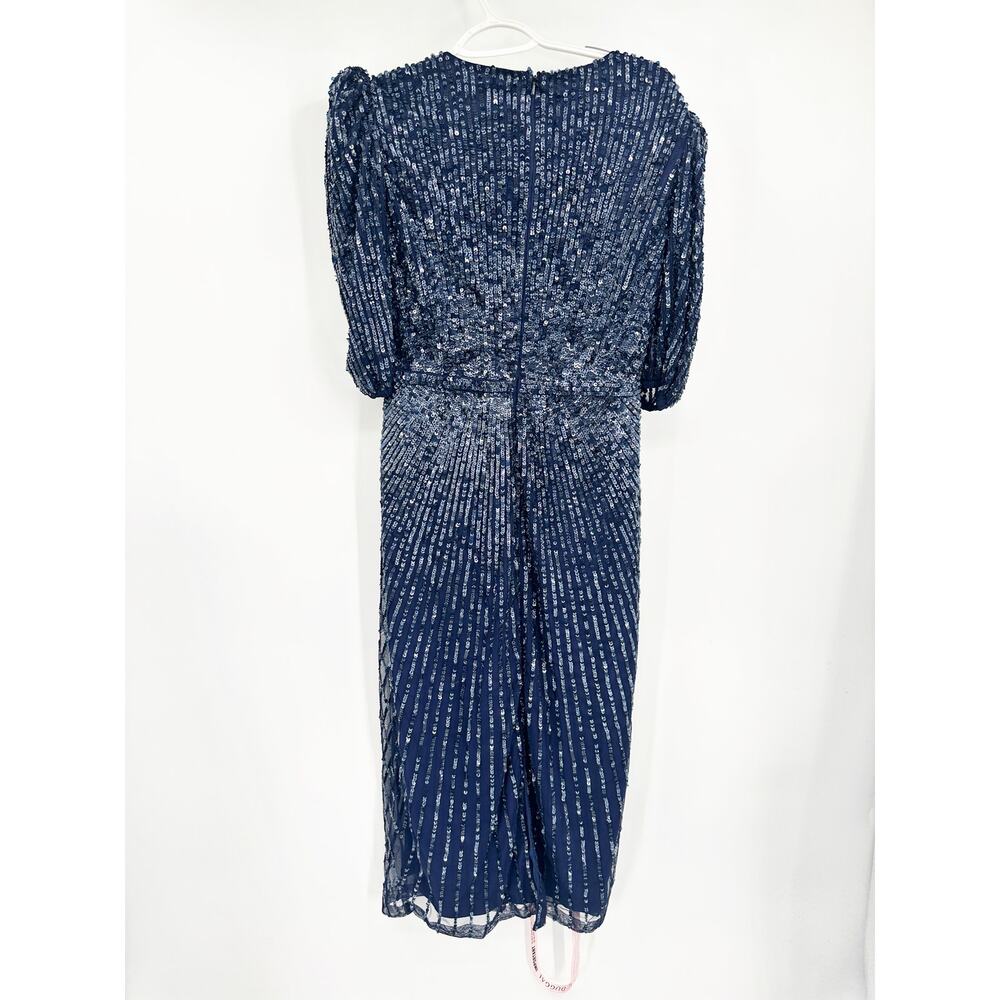 Mac Duggal 5578 Midnight Navy Sequined V-Neck Short Puff Sleeve Midi Dress 8 NWT - Picture 5 of 7
